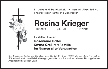 Traueranzeige von Rosina Krieger von Pegnitz-Zeitung